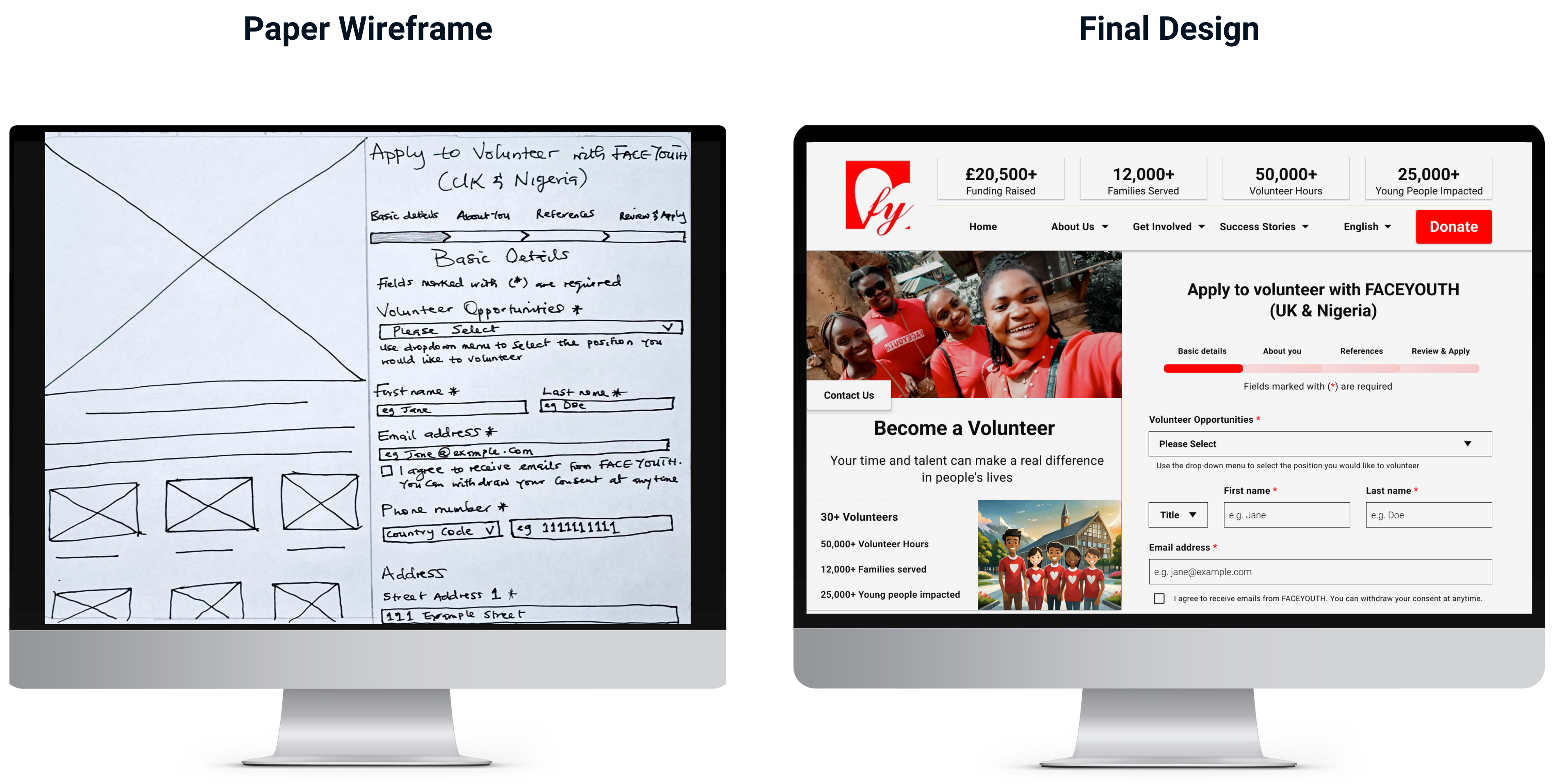 photo of the Volunteer Page paper wireframe and final design